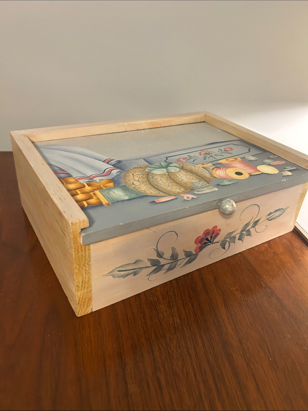 Vintage Hand-Painted Wooden Sewing Box 
Keepsake Chest